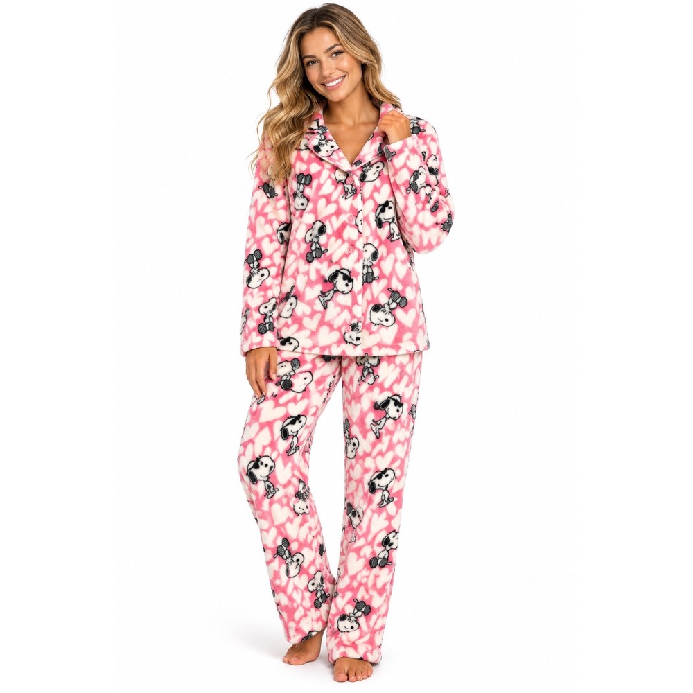 Munki Munki Peanuts Snoopy Pink Heart Fleece Pajama Set Large L Button Up Pants